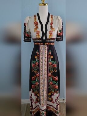 SALONI Black Floral Midi Tabitha Dress